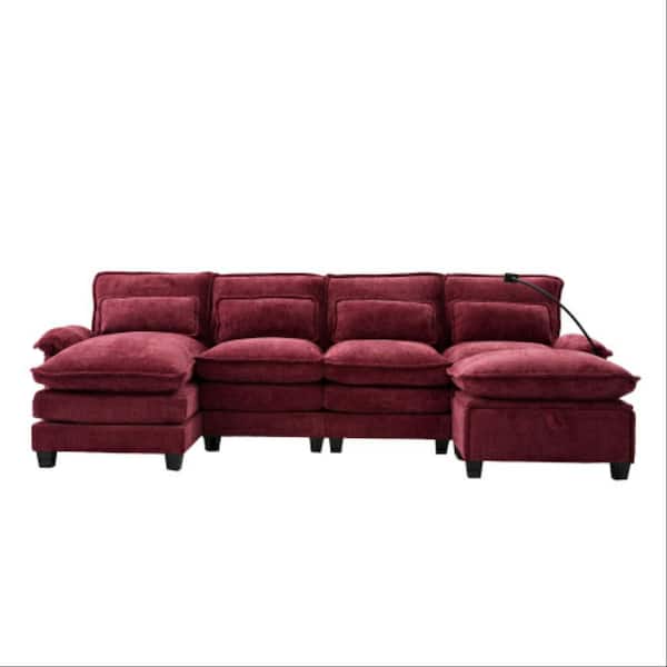 106 in. 5-pieces Chenille U-Shaped Modular Sectional Sofa with Chaise Lounge and Storage Ottoman in. Wine Red