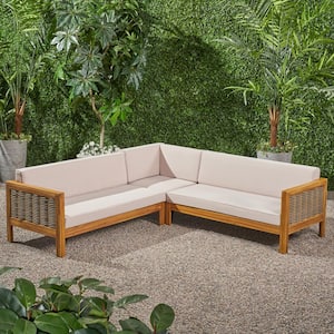 Linwood Teak Brown 3-Piece Wood and Wicker Outdoor Sectional Set with Beige Cushions