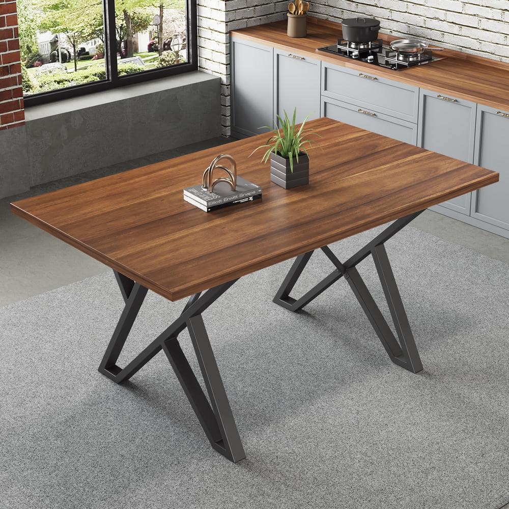 Walnut and Black Industrial Rectangular Dining Table with Metal Base