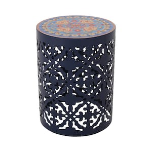 Dark Blue Round Metal 18.0 in Outdoor Side Table Accent Table with Tile Top