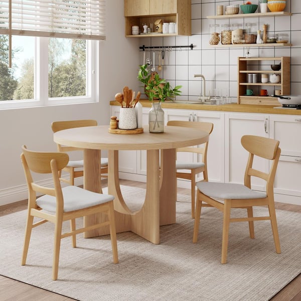 Idalia Modern 5-Piece Round Wood Top Dining Table Set with 4 Chairs, Light Beige Plus Light Ash, Seats 4