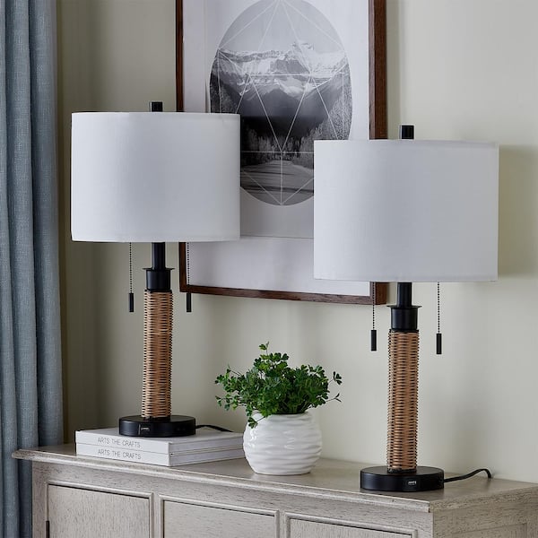 Maxax Heideman 23 in. Black Metal Base Rattan Decor Bedroom Table Lamp with USB Interface and Linen Lampshade (2-Pack)