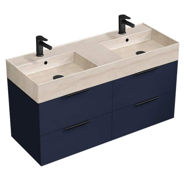 Nameeks Derin 47.64 in. W x 18.11 in. D x 25.2 in. H Modern Bathroom Vanity in Night Blue with Beige Travertine Ceramic Top