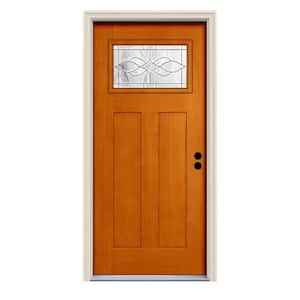 36 in. x 80 in. Saffron Left-Hand 1-Lite Craftsman Carillon Stained Fiberglass Prehung Front Door with Brickmould