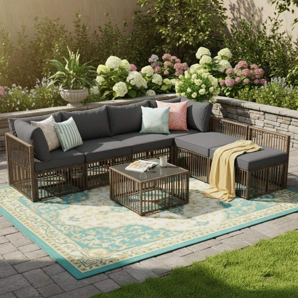 7-Piece Brown Wicker Outdoor Sectional Set with Gray Cushions and Table for Backyard and Patio price history on PriceWatchPro