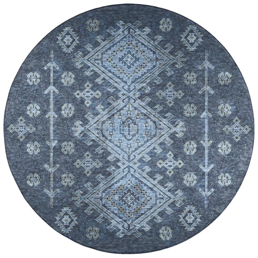 Bravado Blue 8 ft. x 8 ft. Geometric Indoor/Outdoor Washable Area Rug