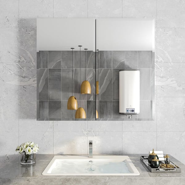 Unbranded 30 in. W x 26 in. H Medium Rectangular Silver Aluminum Recessed/Surface Mount Medicine Cabinet with Mirror
