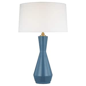 Jens 27 in. Lucent Aqua Table Lamp with White Linen Shade and LED Light Bulb