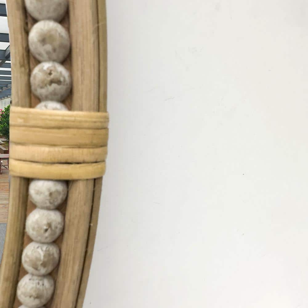 Brown Oval Rattan and Wood Decorative Wall Mirror with Resin Bead Accent