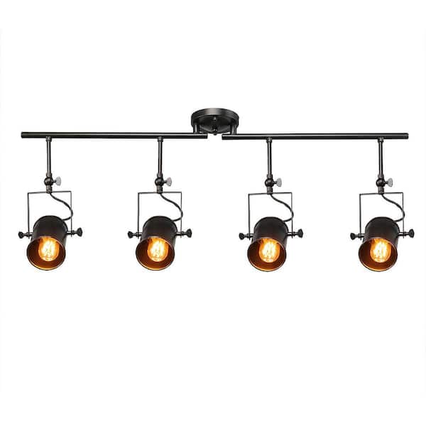 LNC Modern Industrial Black Fixed Track Lighting Kit 4-Light Linear Task Light with Rotatable Cylinder Heads, LED Compatible