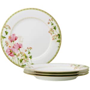 Poppy Place 10.5 in. (White and Pink) Porcelain Dinner Plates, (Set of 4)