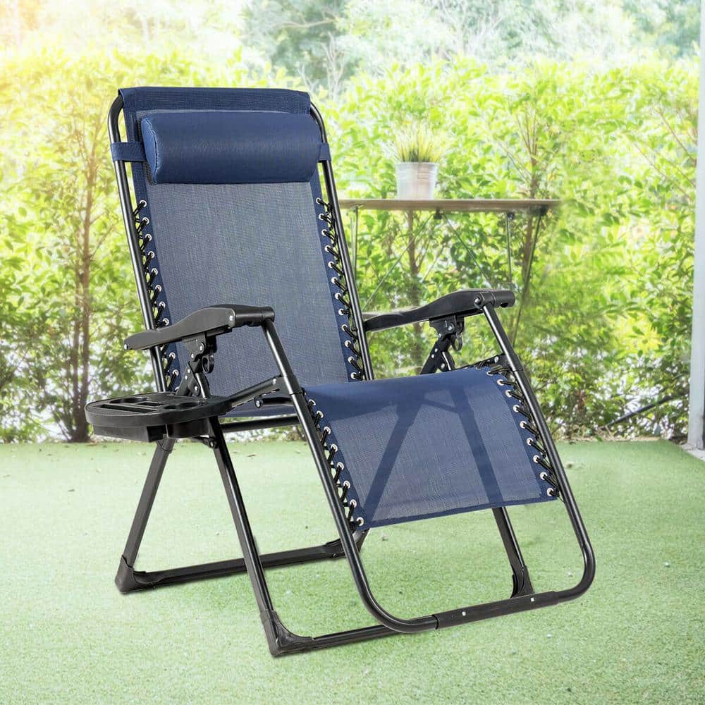 Navy Blue Steel Frame Zero Gravity Recliner with Cup Holder