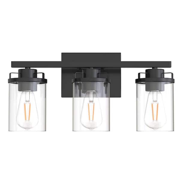 18 in. 3-light Black Vanity Light with Cylinder clear glass shade for Bathrooms, Powder Rooms Vanity, or Mirror