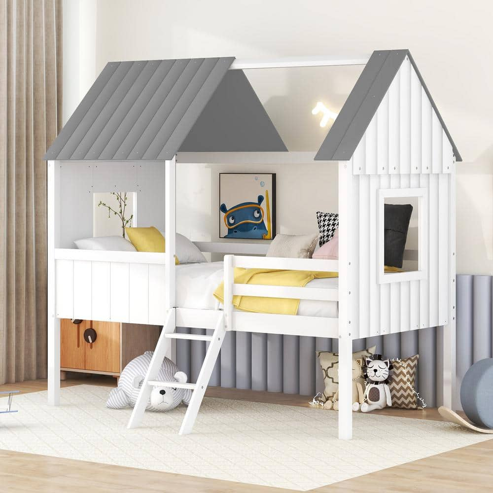 URTR Twin Size Low Loft Bed with Two Side Windows, Wood House Bed Frame  with Roof Design for Kids, Girls, Boys(White+Gray) T-02102-E - The Home  Depot