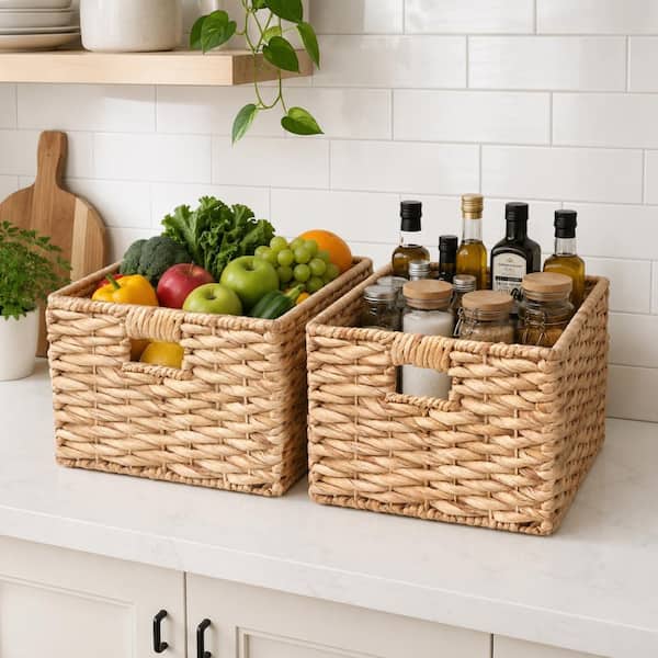 17" x 12.5" x 9" Water Hyacinth Storage Basket, Handwoven Twisted Weave Basket with Handles in Natural
