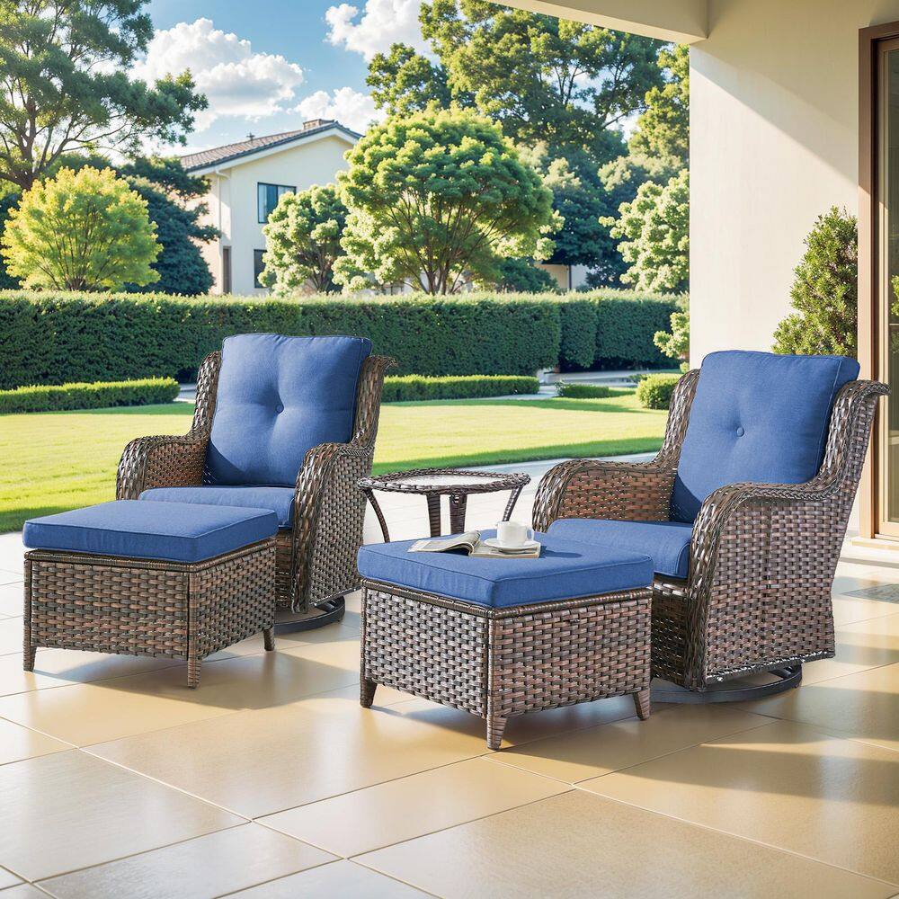 WellCane 5-Piece Brown Wicker Patio Conversation Set with Blue Cushions, Outdoor Swivel Chair With Ottomans for Porch price history on PriceWatchPro