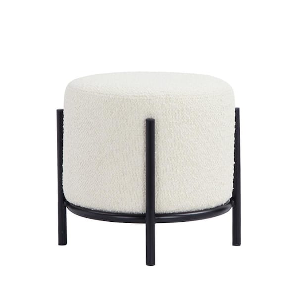 Benjara 12.5 in. White and Black Low Back Metal Ottoman Stool with Fabric Seat
