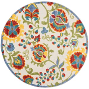 Aloha Ivory/Multicolor 4 ft. x 4 ft. Round Floral Contemporary Indoor/Outdoor Patio Area Rug