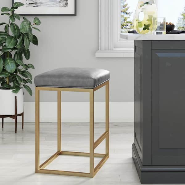 Nathan James Nelson 24 in. Gray Leather Cushion and Gold Stainless Steel Frame Metal Counter Height Bar Stool