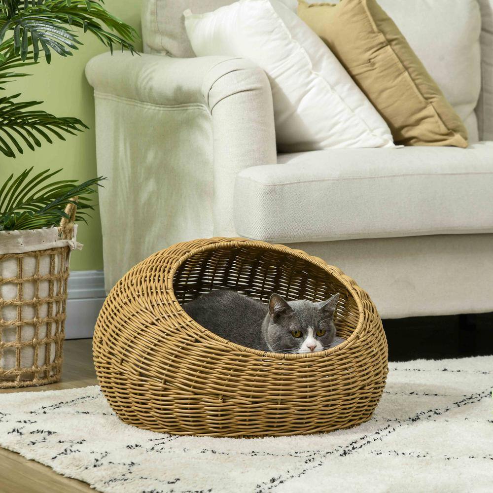 Small Light Brown Rattan Wicker Cat Bed with Cushion