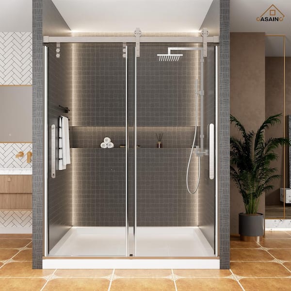 59.6-60.6 in. Wx 76 in.H Frameless Double Sliding Shower Door in Brushed Nickel w/Tempered Clear Glass Certified by SGCC