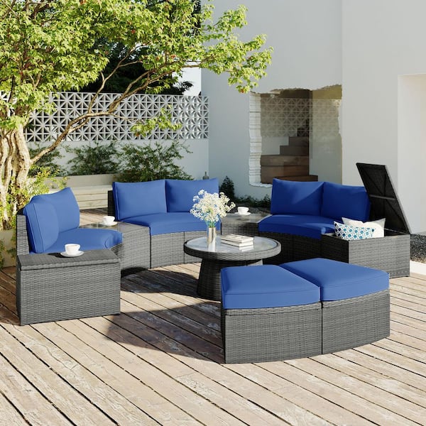 Zeus & Ruta 10-Piece Gray Wicker Half Round Outdoor Sectional Set with Blue Cushions for Free Combination