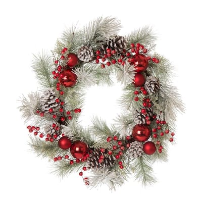 24 in. D Flocked Pinecone and Ornament Wreath