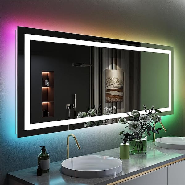 Apmir 72 in. W x 32 in. H Rectangular Frameless RGB Backlit LED Front lit Anti-Fog Tempered Glass Wall Bathroom Vanity Mirror