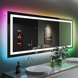 72 in. W x 32 in. H Rectangular Frameless RGB Backlit LED Front lit Anti-Fog Tempered Glass Wall Bathroom Vanity Mirror