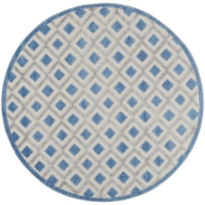 Aloha Blue/Gray 4 ft. x 4 ft. Round Geometric Contemporary Indoor/Outdoor Patio Area Rug