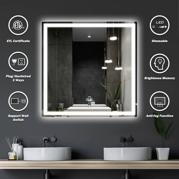 HOMLUX 30 in. W x 30 in. H Rectangular Frameless LED Light with 3-Color and Anti-Fog Wall Mounted Bathroom Vanity Mirror, Silver