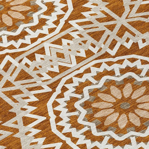Orange, Copper, Beige 8 ft. Round Woven Floral, Medallion Polyester Round Indoor/Outdoor Area Rug