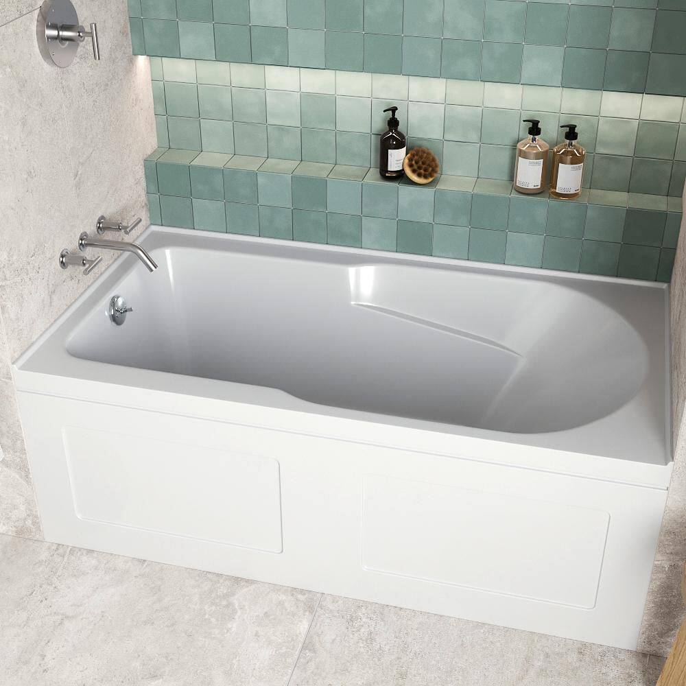 Glossy White Acrylic Rectangular Alcove Bathtub with Chrome Drain