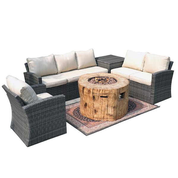 moda furnishings Venus 7-Piece Wicker Patio Conversation Set with Fire Pit