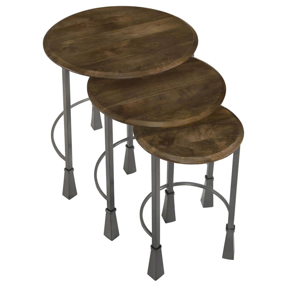 Industrial Round Black and Brown Wood Metal Nesting Tables