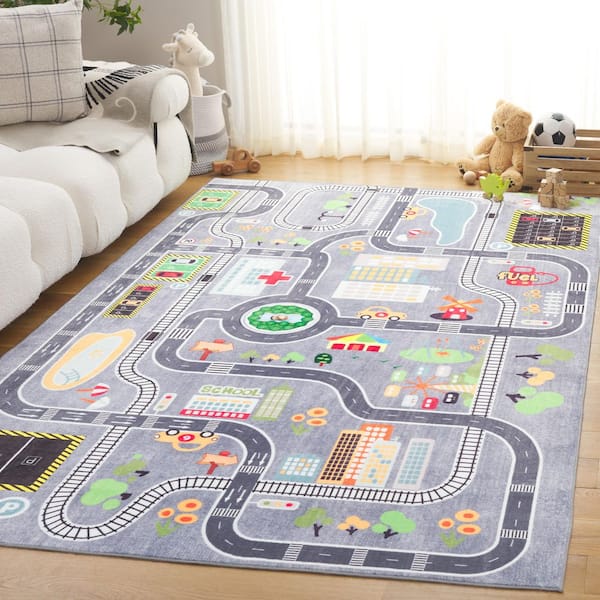 Santa Monica Kids 4 ft. x 6 ft. Light Gray/Gray City Roads Washable Area Rug