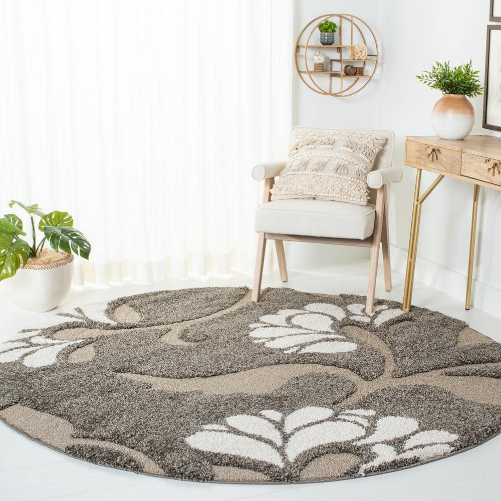 Sculpted Smoke and Beige Floral Shag Round Rug, Hand-Knotted