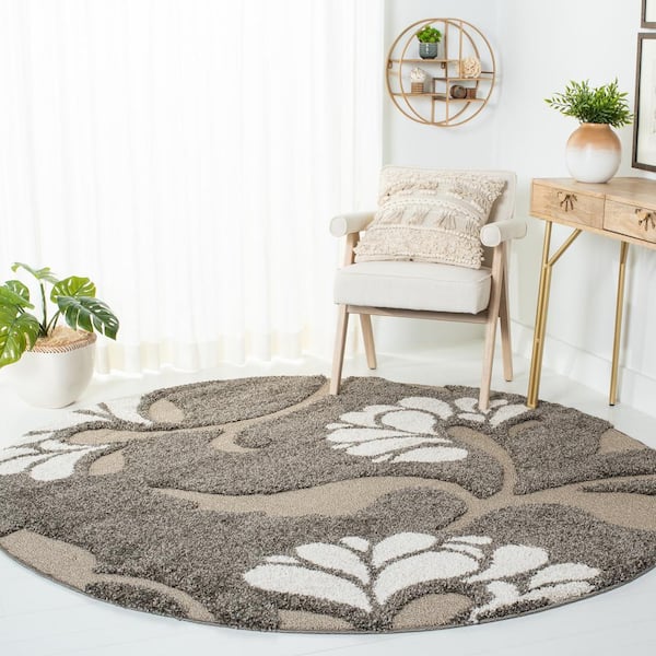 Florida Shag Smoke/Beige 7 ft. x 7 ft. Round Floral Solid Area Rug
