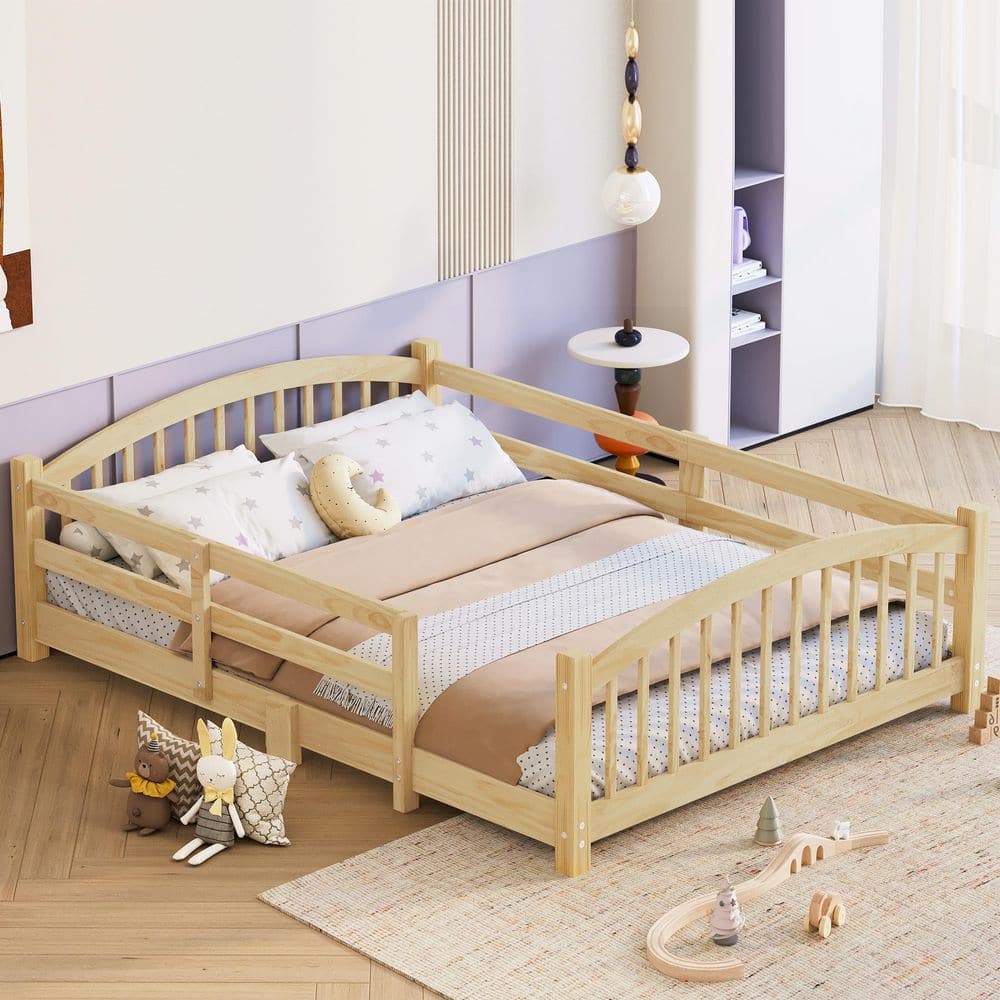 Natural/Yellow Wood Frame Full Platform Bed with Fence, Slats and Safety Guardrails price history on PriceWatchPro