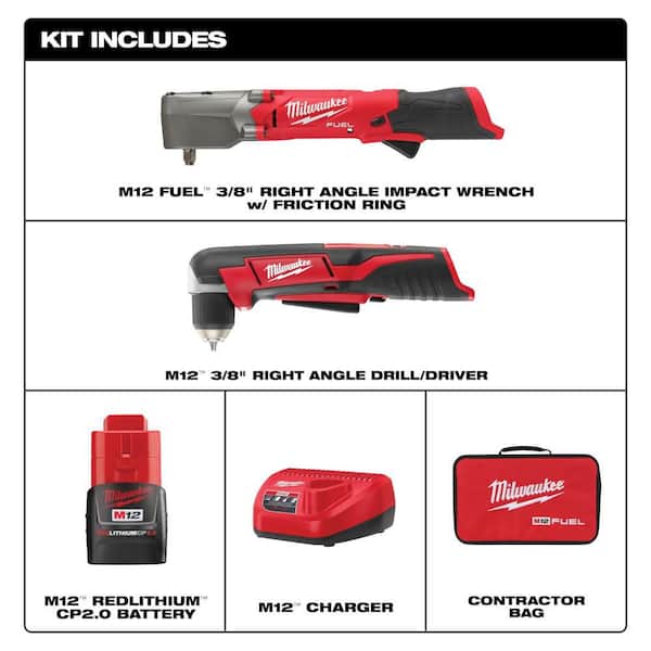 M12 FUEL 12V Lithium-Ion Brushless Cordless 3/8 in Right Angle Impact Wrench Kit w Two 2.0Ah Batteries&Right Angle Drill