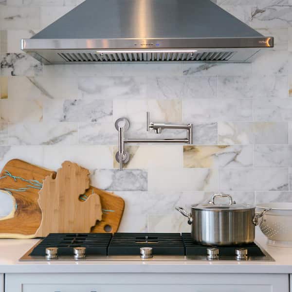 Brass Wall Mounted Pot Filler with Control Double Joint Swing Arm in Brushed Nickel