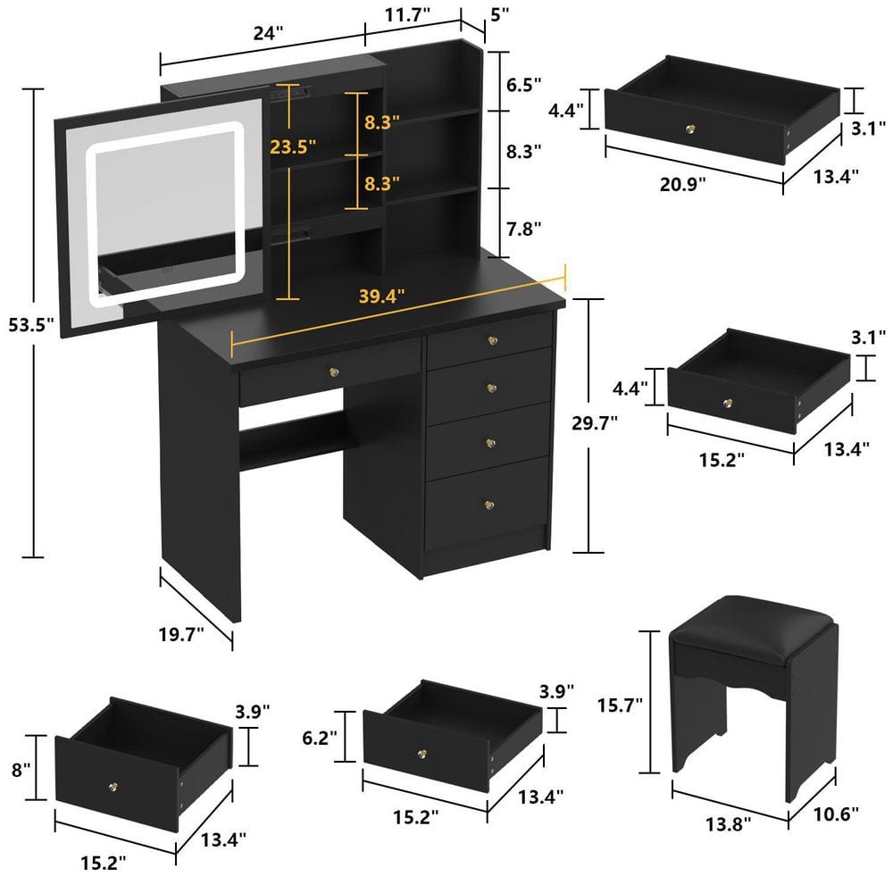 5-Drawers Black Wood LED Push-Pull Mirror Dresser with Stool and 3-Tier Storage Shelves 39.4 in. W - thumbnail 3