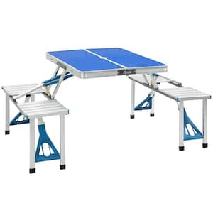 33.75 in. Blue Rectangle Aluminum Folding Picnic Table with Seats and Umbrella Hole