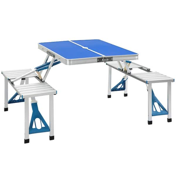 ITOPFOX 33.75 in. Blue Rectangle Aluminum Folding Picnic Table with Seats and Umbrella Hole