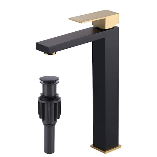 Single Handle Single Hole Bathroom Faucet with Drain Include in Black and Gold