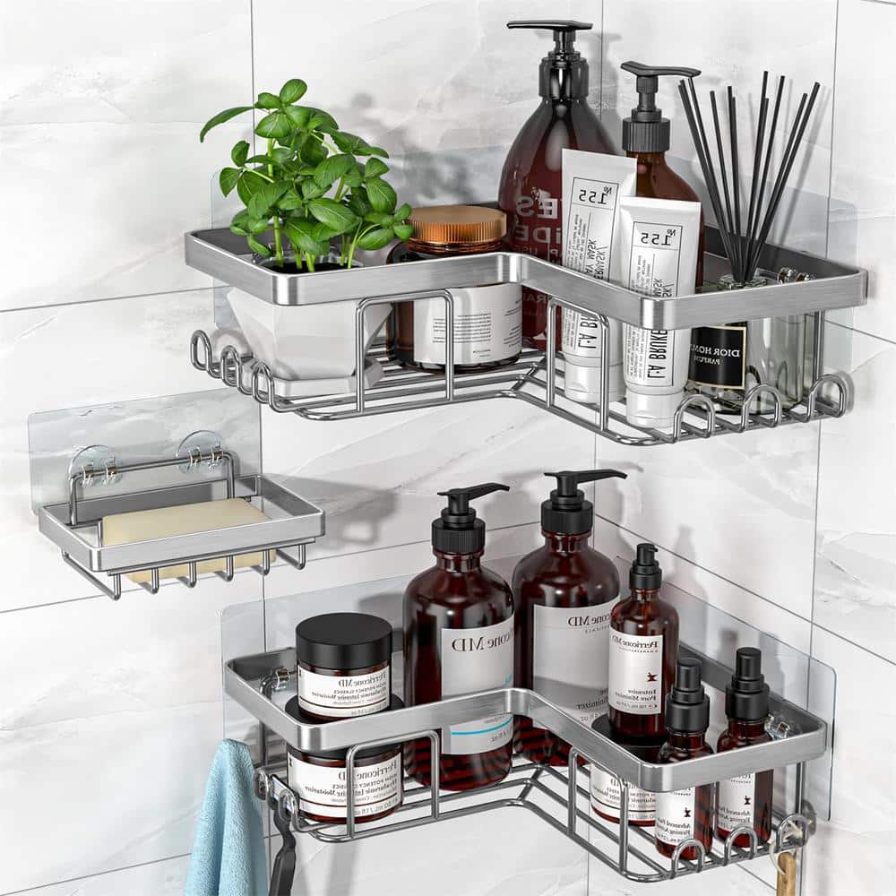 Cubilan Wall Mounted Bathroom Shower Caddies Stainless Steel Corner Storage  Shelves with 4 Hooks in Silver (2-Pack) HD-FQ6 - The Home Depot