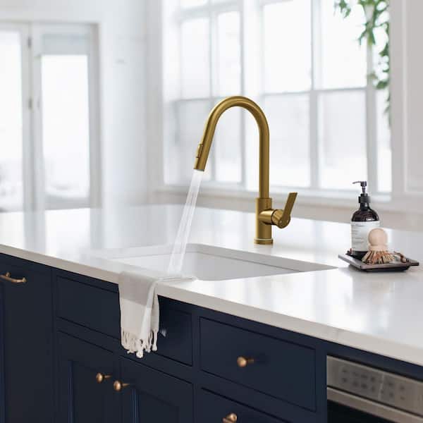 Pull Down Sprayer Kitchen Faucet 1.8 GPM with LED Light, 15.9" Height, 360° Swivel Spout Faucet in Brushed Gold
