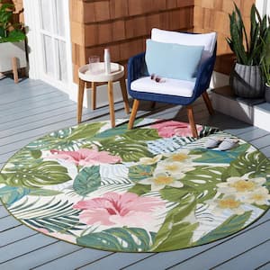 Barbados Green/Pink 8 ft. x 8 ft. Round Floral Indoor/Outdoor Area Rug