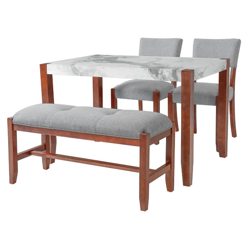 4 Piece Rectangular Gray Faux Marble Top Dining Table Set with Upholstered Chairs and Bench, Solid Rubber Wood Legs,