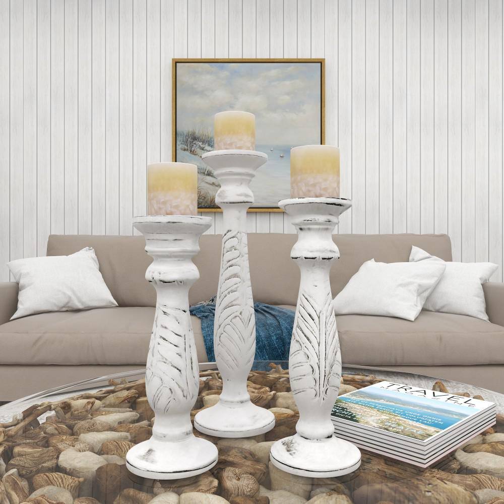 Elegant White Mango Wood Candle Lantern Trio, 18" Height